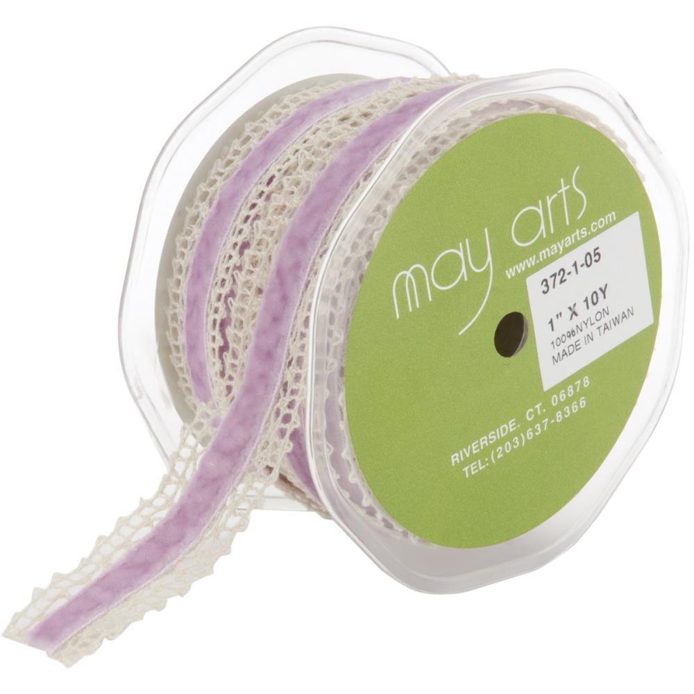 Кружево с вельветовой лентой May Arts, бежевый с лавандовым
