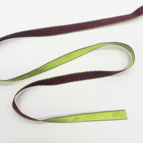 Лента атласная двусторонняя салатовая/коричневая с прострочкой, 10мм