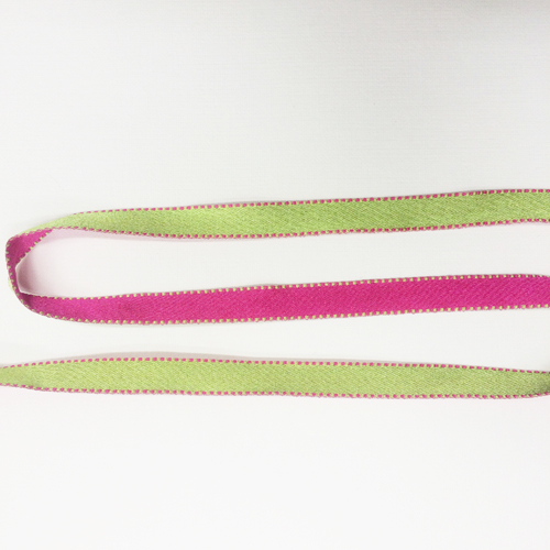 Лента атласная двусторонняя салатовая/фуксия с прострочкой, 10мм