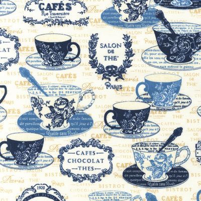 Ткань лоскутная 50 х 55 см "Parisian cafe", синие чашки