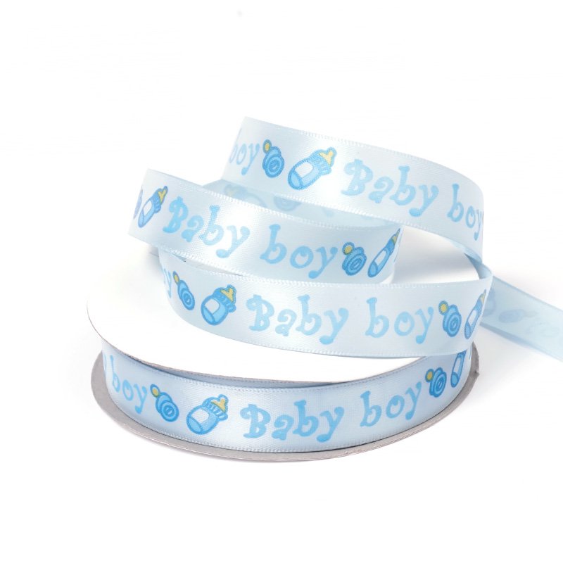 Лента атласная 15 мм "Baby boy", цвет голубой
