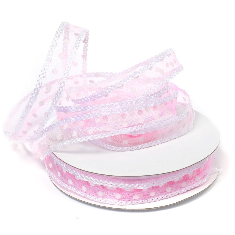 Лента прозрачная в горошек 15 мм, цвет розовый