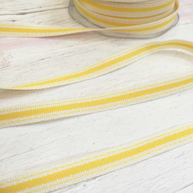 Лента хлопковая 1 см "Жёлтая полоска и прострочка"