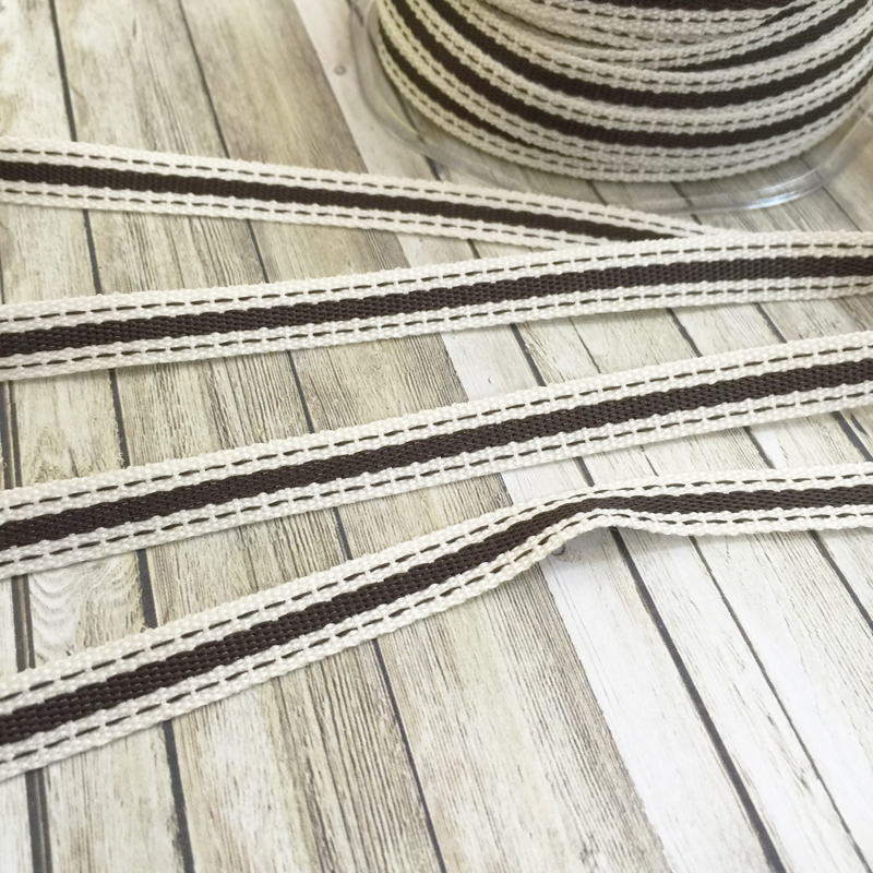 Лента хлопковая 1 см "Шоколадная полоска и прострочка"