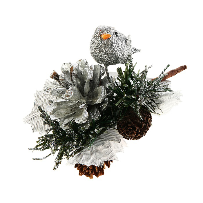 Декор новогодний серебряный с шишкой и птичкой