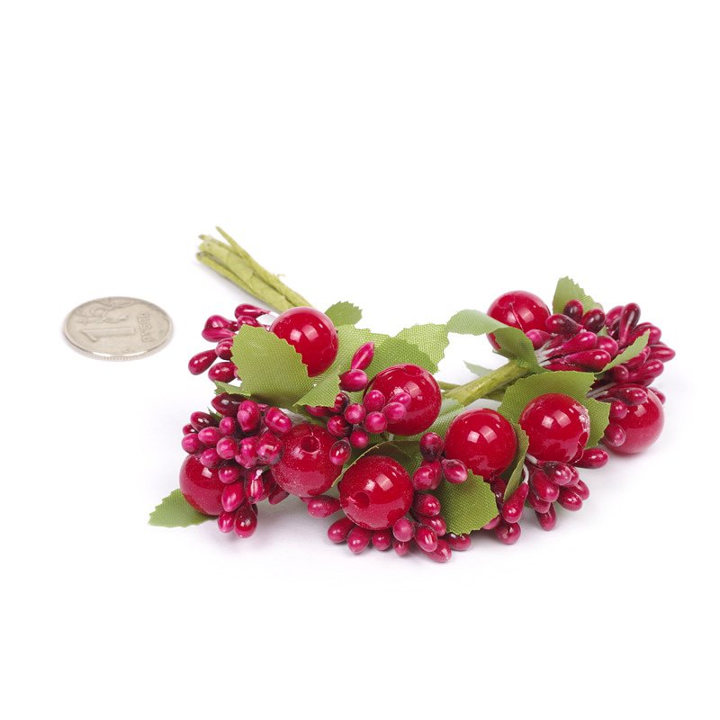 Букет тычинок с ягодками и листиками, цвет красный
