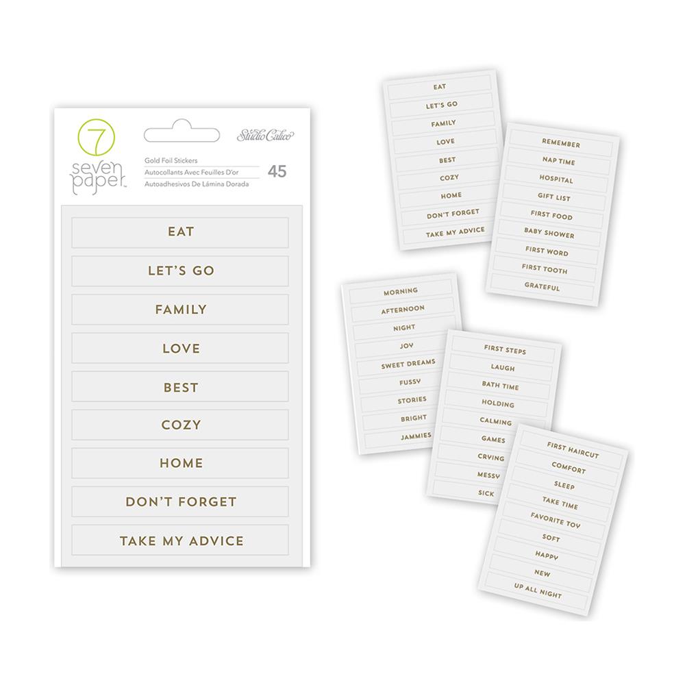 Наклейки-лейблы Studio Calico белые с золотыми фольгированными надписями.