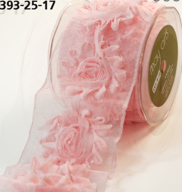 Лента May Arts 7 см "Цветы", цвет розовый