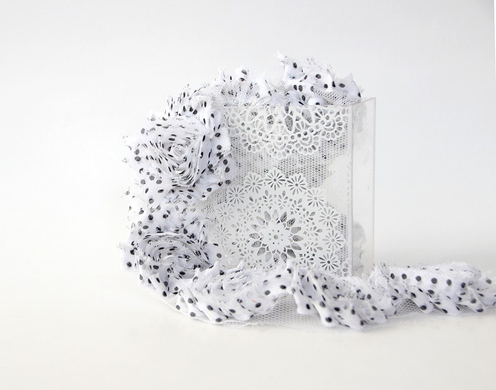 Лента с розами, цвет белый в горошек