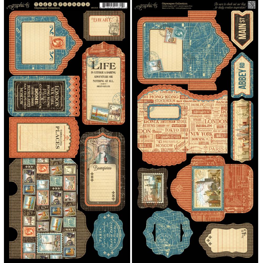 Картонная вырубки "теги и конвертики" Graphic 45 "Cityscapes"