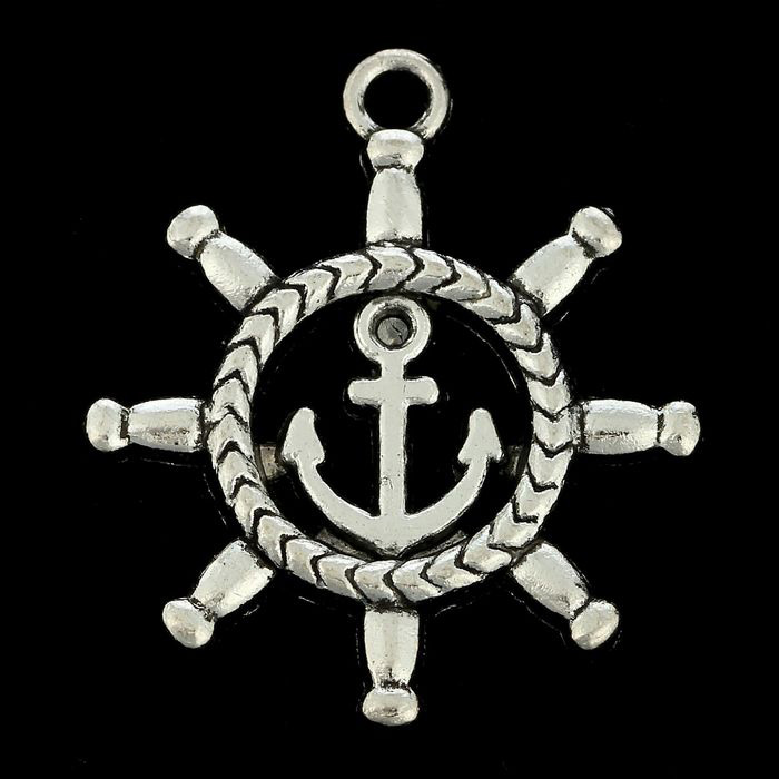 Подвеска металлическая "Штурвал с якорем". Цвет серебро