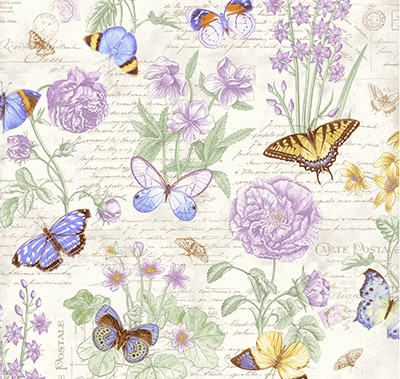 Ткань лоскутная 50 х 55 см "4702", сиреневые цветы и бабочки