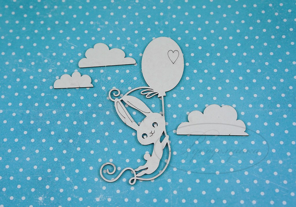 Вырубка из чипборда Рукоделушка "Зайчик на воздушном шаре"