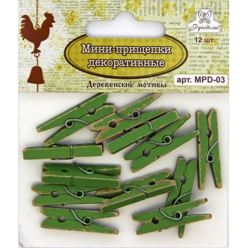 Набор мини-прищепок Рукоделие "Деревенские мотивы", зелёные с потёртостями