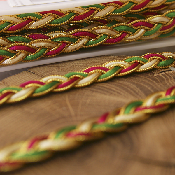 Тесьма "Косичка" 10 мм, цвет зелёный, малиновый, с золотом