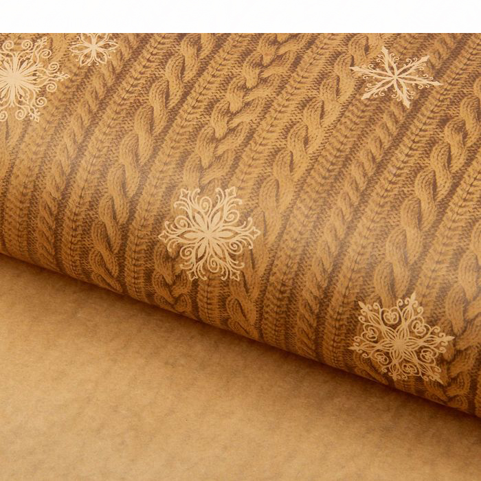 Бумага упаковочная крафт 70х100 "Вязаный узор и снежинки".