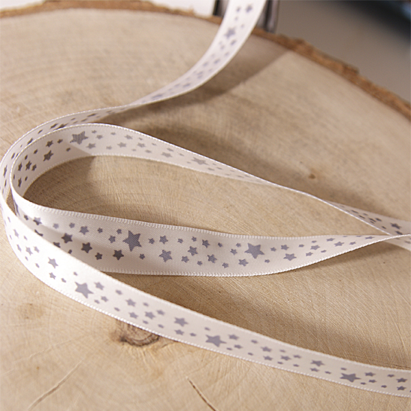 Лента атласная 10 мм с рисунком "Серые звёзды на белом