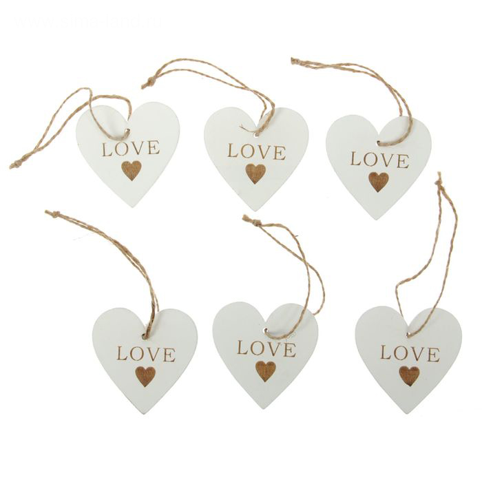 Деревянные украшения-подвески "Сердце. Love", 6 штук