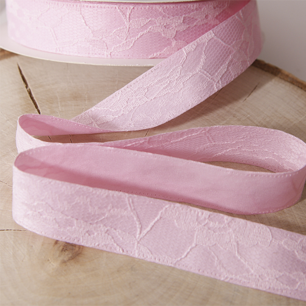 Лента атласная с кружевной сеткой 20 мм , цвет розовый