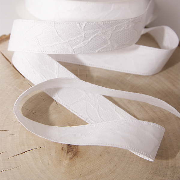 Лента атласная с кружевной сеткой 20 мм , цвет белый