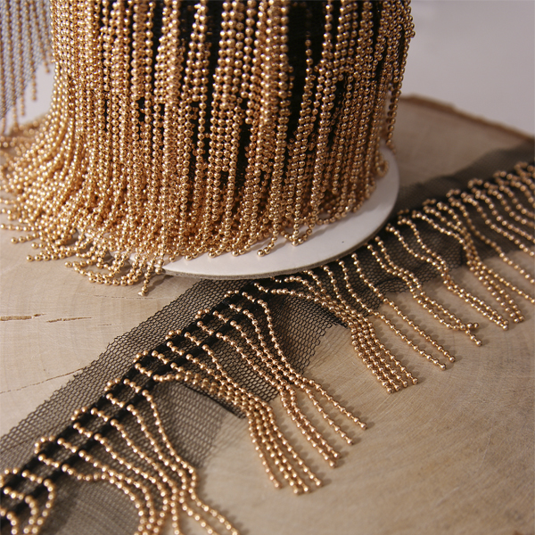 Тесьма-сетка с металлической бахромой, цвет чёрный с золотом