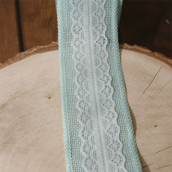 Лента джутовая 5 см с кружевом по центру, цвет мятный