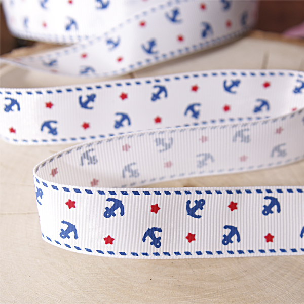 Лента репсовая 20 мм "Якори на белом"