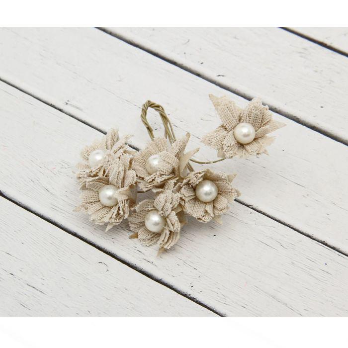 Букет льняных цветочков с жемчужинкой, 6 шт