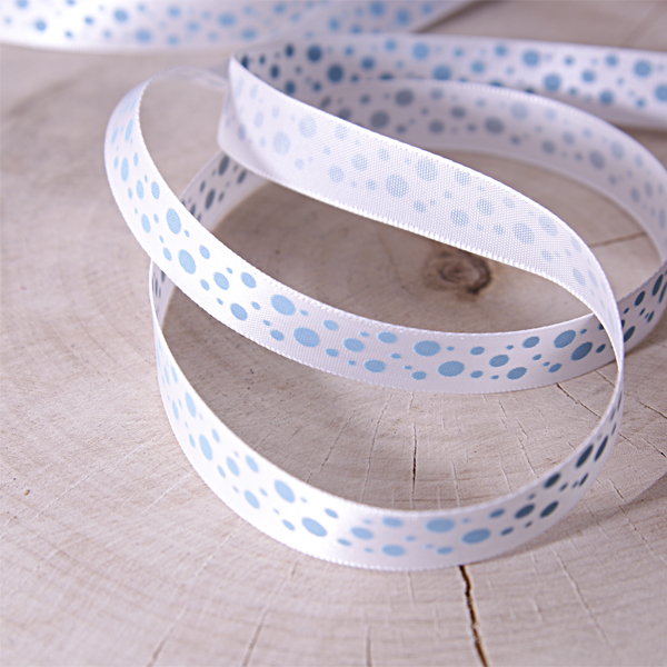 Лента атласная 12мм "Голубые точки на белом"