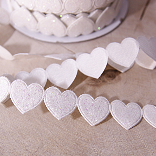 Тесьма "Сердечки с блёстками", цвет белый перламутр