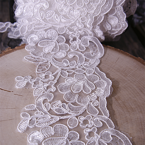 Кружево на органзе 90 мм " Цветы", цвет молочный белый