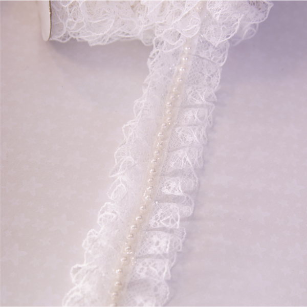 Кружевные рюши 3,5 см с перламутровыми бусинками, цвет белый