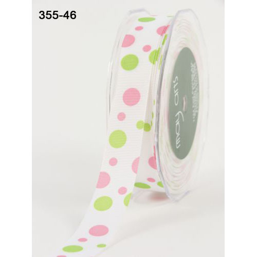 Лента May Arts с рисунком "Кружочки". Цвет бело-розовый-салатовый.