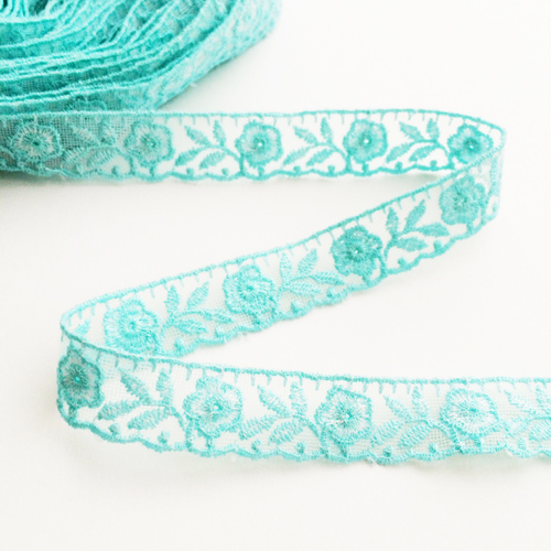 Кружево с цветочной вышивкой 15 мм, цвет бирюзовый (№11)