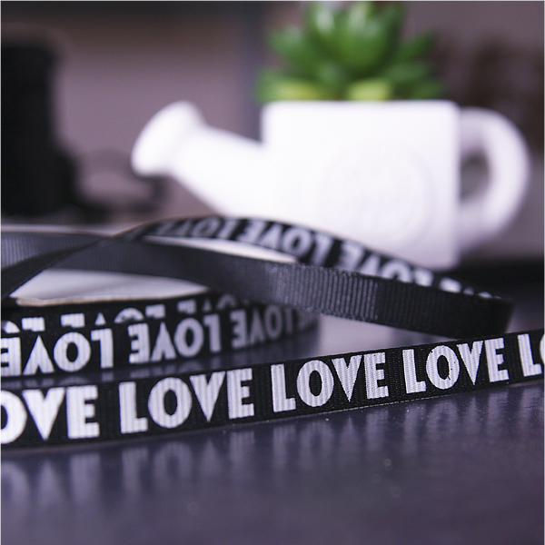 Лента репсовая 1 см "Love", белые буквы на чёрном