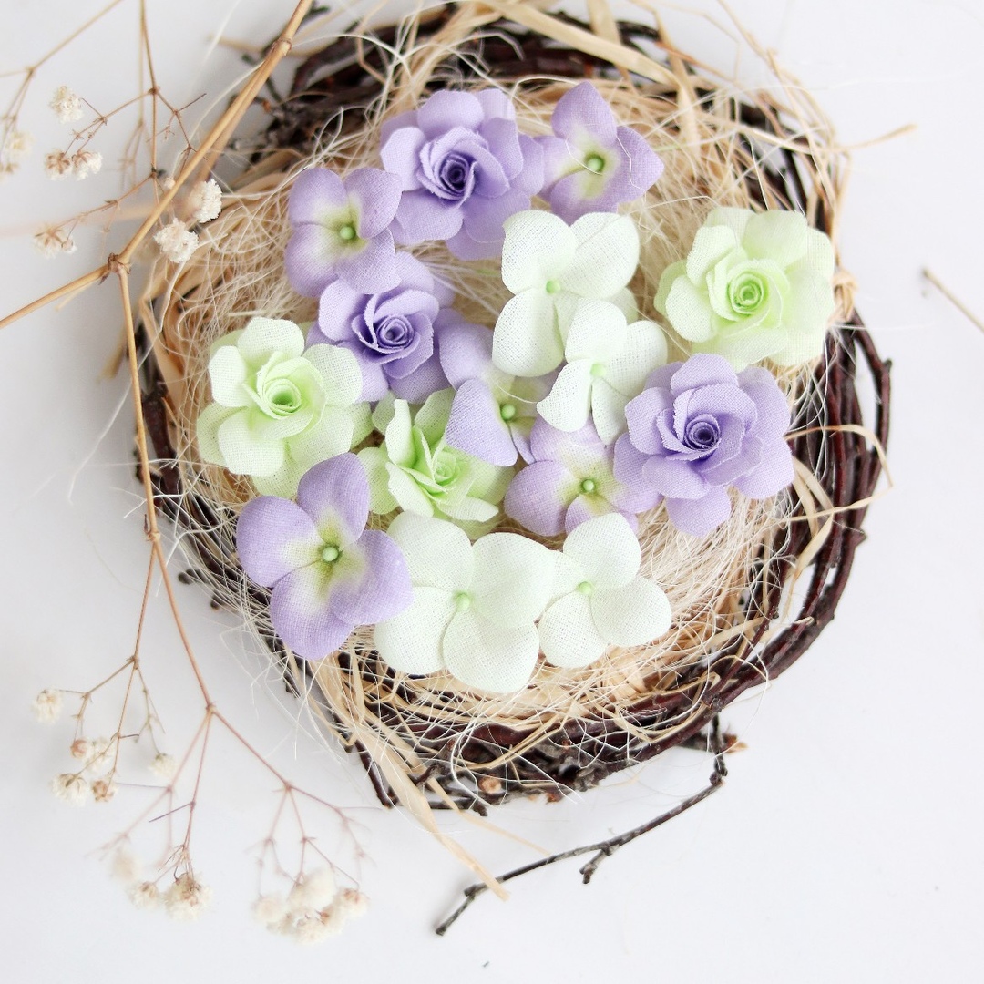 Набор тканевых цветов Pastel Flowers "Гортензии и розы" сиренево-салатовый