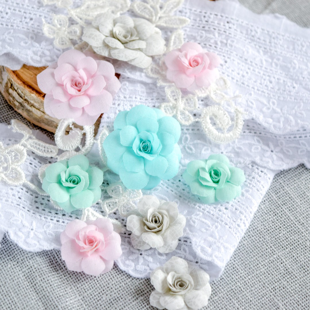 Набор тканевых цветов Pastel Flowers "Розовый, мятный серый"