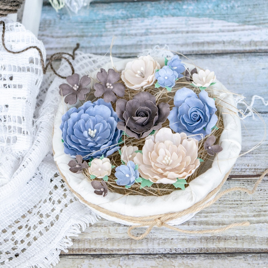 Набор тканевых цветов Pastel Flowers "Пионы и розы" бежево-синий