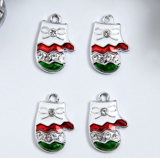 Подвеска металлическая эмаль "Варежка полосатая" цвет серебряный (325)