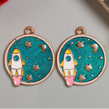 Подвеска металлическая эмаль "Ракета в космосе", бирюзовый с золотом (101)