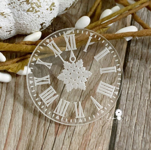 Декор из акрила "Часики" прозрачные со снежинкой
