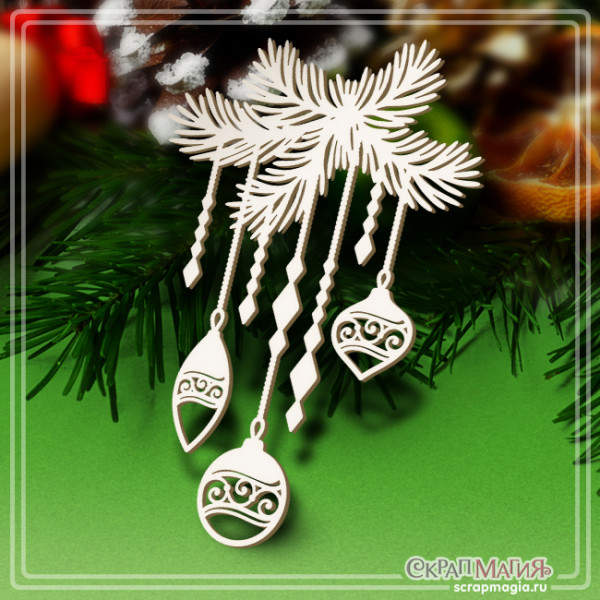 Чипборд Скрапмагия "Ветка с елочными игрушками" 77х110 мм