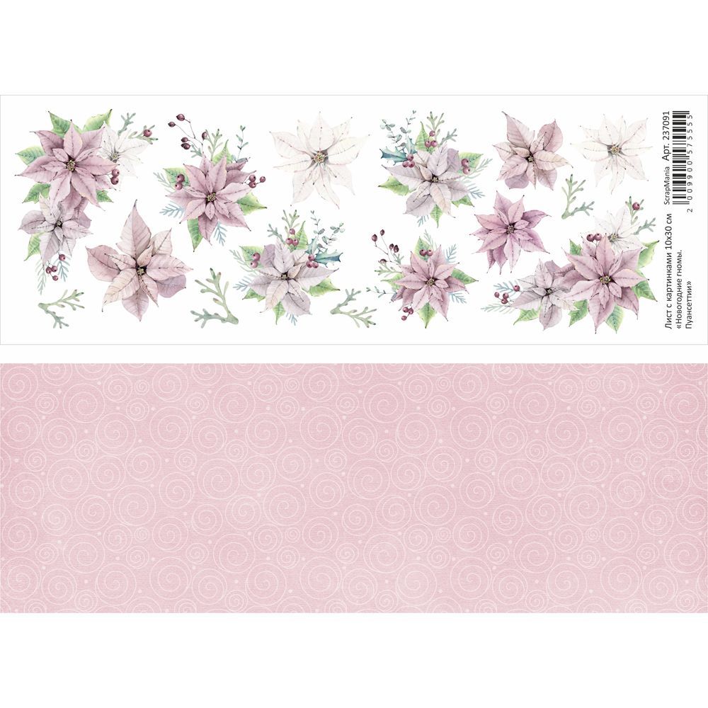 Бумага 10х30 см ScrapMania "Новогодние гномы" Пуансеттии (SMA248-1)