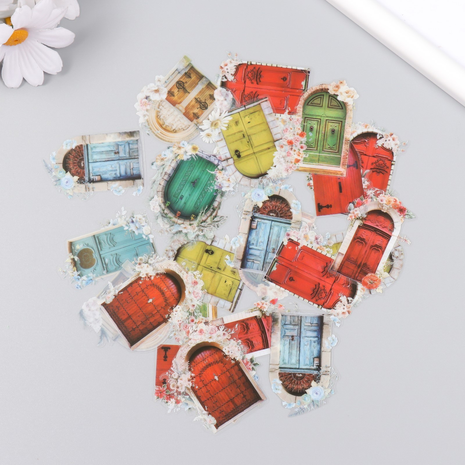 Ацетатные фольгированные наклейки "Двери с цветами"