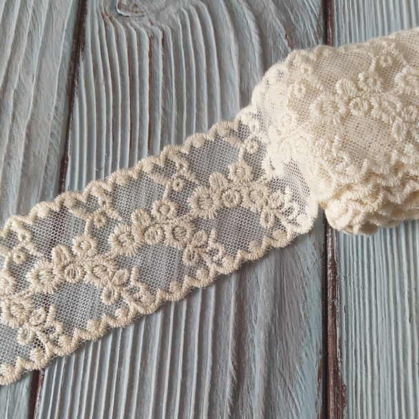 Кружево на сетке 5 см "Розовый узор" цвет Кремовый