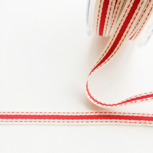 Лента хлопковая 1 см "Красная полоска и прострочка"