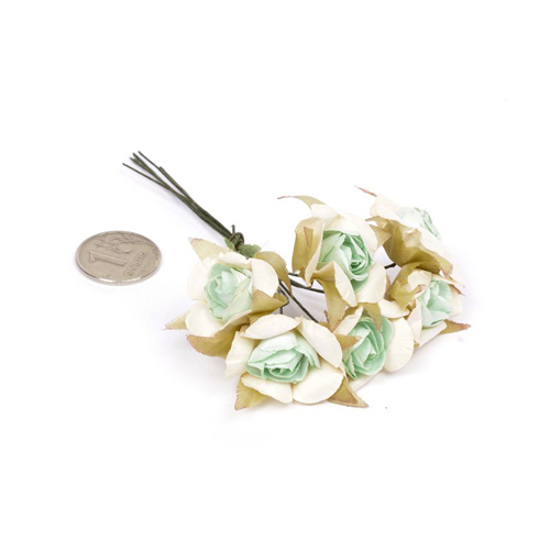 Букет бумажных полуоткрытых роз "Ваниль с бирюзовым", в упаковке