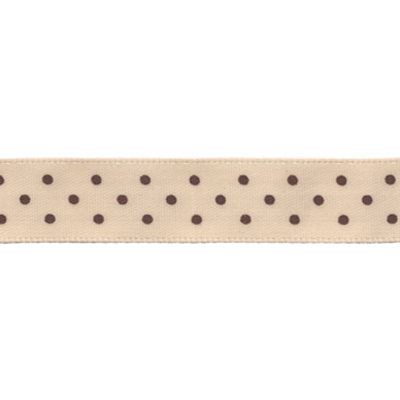 Лента атласная коричневые точки на кремовом, 12мм