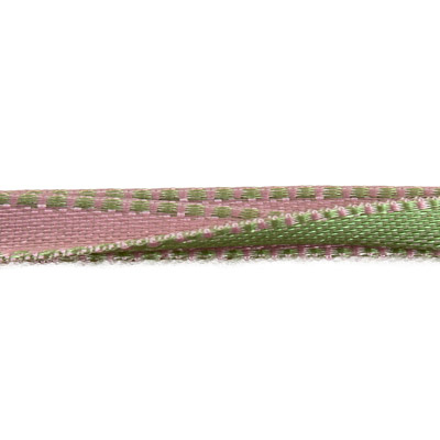Лента атласная двусторонняя салатовая/розовая с прострочкой, 10мм